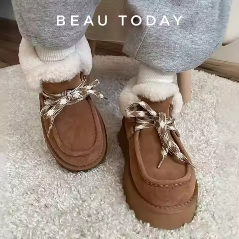 BEAUTODAY Snow Boots Women Cow Suede Solid Color Thick Sole Furry Height Increasing 2023 Winter Ladi
