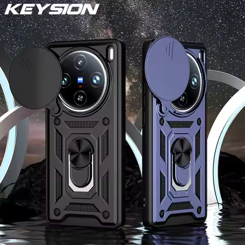 KEYSION Shockproof Armor Case for VIVO X100 Pro 5G Slide Camera Lens Protection Ring Stand Phone Bac