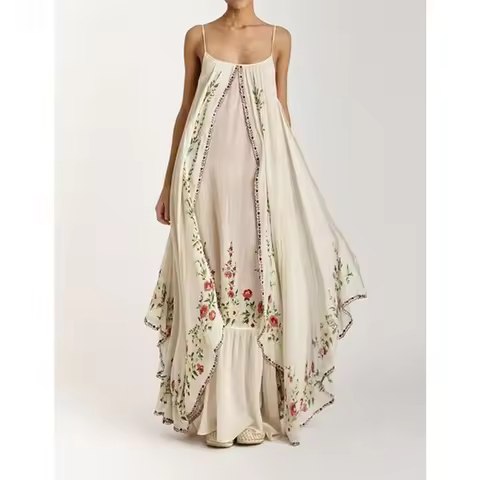 Printed Maxi Dress Women Big Swing Loose Print Stitching Strapless Spaghetti Strap Floor-Length Summ