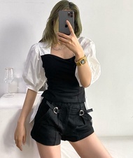 Miliki Ab564952 Casual Mini Dress Hitam Putih Polos Pita Wanita Korea