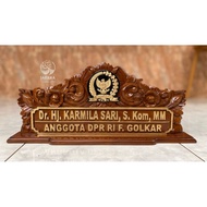 Custom Teak Wood Carved Table Name Plate DPR-RI Logo