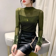 YIMEI 2023เสื้อกำมะหยี่สำหรับผู้หญิงไซส์พิเศษเสื้อครึ่งตัวแขนยาวตาข่ายสีดำปักเพชรเสื้อซับในแขนยาวแบบ