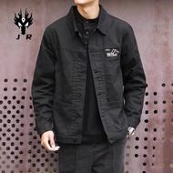 Jaket denim lelaki gaya baru musim luruh 2024, jaket denim pakaian kerja longgar kapas, jaket pakaia