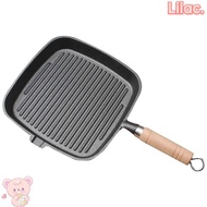 VIOLETLILAC Cast Iron Skillet, Uncoated Wooden Handle Steak Pan, Premium Non-Stick Surface Square De