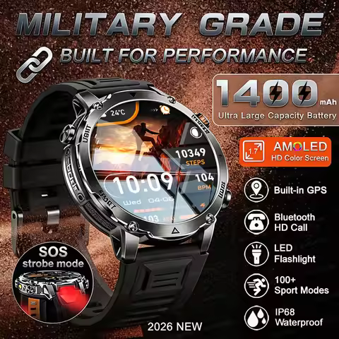 2026 T-Rex 3 Military 1400mAh Battery Smart Watch Men 1.7" HD LED Flashlight SOS IP68 Waterproof Blu