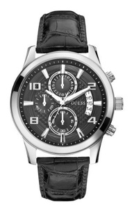 GUESS Men s U0076G1 Black Classic Crocodile-Grained Leather Strap Chronograph Watch