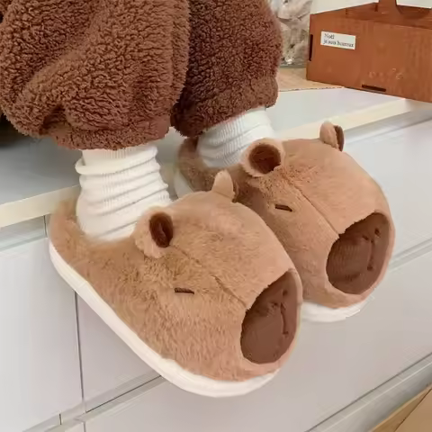 Adorable capybara slippers women winter fluffy 3D animal warm home shoes couple lovers indoor slides