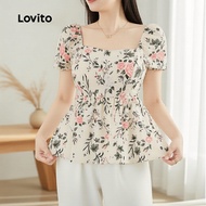 Lovito Blouse Wanita Motif Bunga Ditsy Ruffle Musim Bunga/Panas Warna-warni Gaya Santai L134ED445