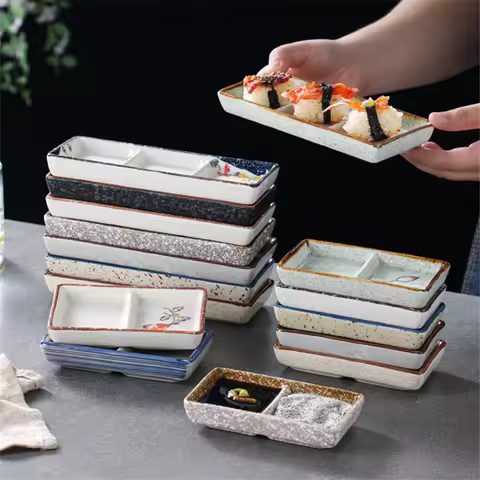Chinese Pattern 2-grid Creamic Suace Plate Divid Meals Sushi Dishes Seasoning Soy Vinager Dishes Res