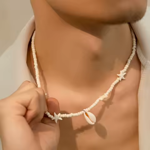 IngeSight.Z 2024 Fashion Sea Starfish Necklace for Men Classic White Rice Beads Beaded Choker Neckla