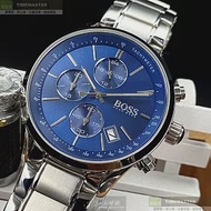 BOSS伯斯精品錶,編號：HB1513478,44mm圓形銀精鋼錶殼寶藍色錶盤精鋼銀色錶帶