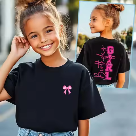 summer Personalized Birthday Girl Shirt Preppy Coquette Bow Cartoon Tshirt Kids Birthday Party Photo