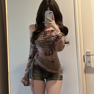 American Women's Long Sleeve T-Shirt Sexy Mesh Shirt Straight-neck thin top summer