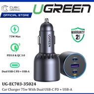 UGREEN 75W DUAL USB-C PD + USB-A FAST CAR CHARGER WITH 65W USB-C OUTPUT 30W USB-C OUTPUT 22.5W USB-A