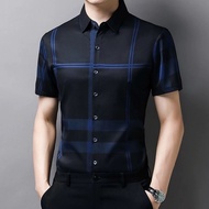 【Dari Perak】ProMan Baju berjalur kemeja lengan pendek langsing musim panas lelaki kemeja santai mode