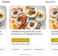 香港萬麗海景酒店＄200 餐飲券（適用於 Cafe Renaissance 萬麗咖啡室 $ Mirage bar and Restaurant)