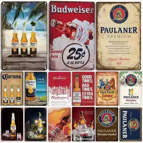Vintage Beer Metal Tin Sign Set Retro Corona Budweiser Paulaner Poster Wall Art Decor for Bar Pub Ma