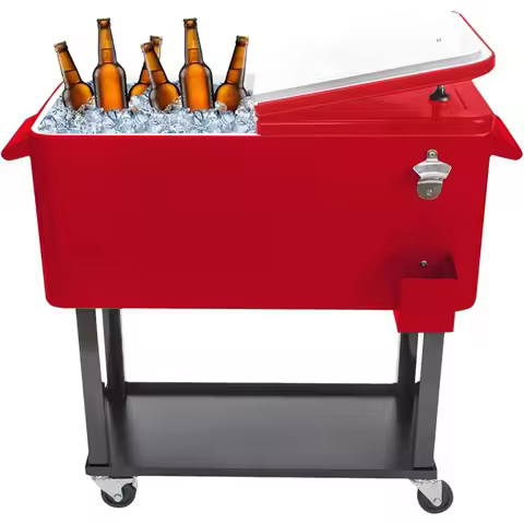 80 QT Rolling Cooling Bins Ice Chest on Wheels Outdoor Stand Up Portable Bar Drink Cooler Cooler Car