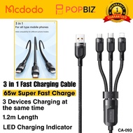 MCDODO [CA-093/696/473] 1 YEAR WARRANTY | 3 in 1 65w SUPER FAST CHARGING CABLE | 120w TYPE-C SC DATA