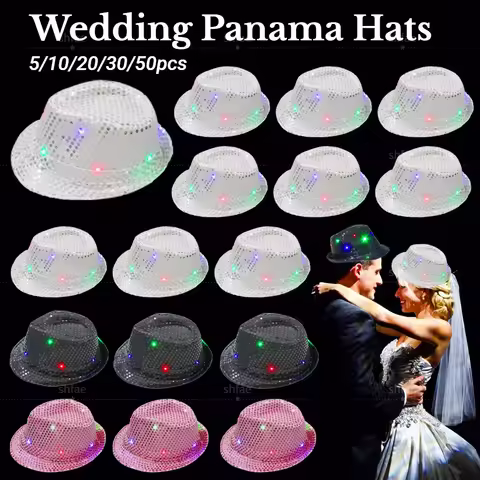 5-50pcs Light Up Straw Fedora Hats Wedding Hats for Guests Lighted Panama Hat Havana Night LED Jazz 