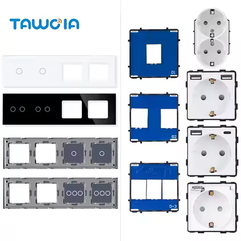 TAWOIA 299mm 1/2/3Gang Switches Function Part Touch 299Glass Front Panel EU Wall Socket Type-C Plug 