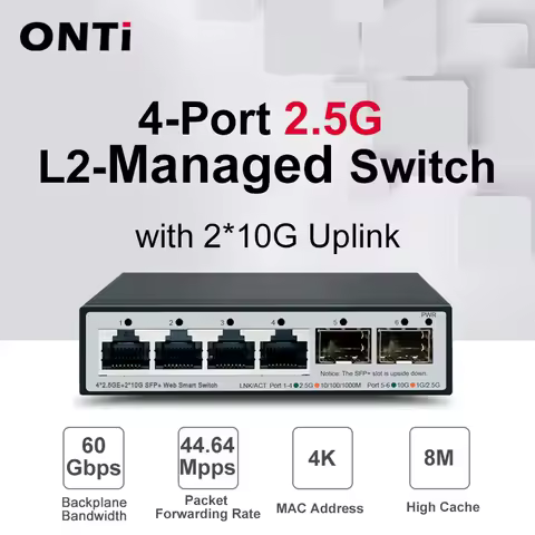 ONTI-MINI 6-Port Intelligent Switch, 2 * 10G SFP+ L2- 2.5Gbps Web Device, Hosted Switch, 6 L2- Ports