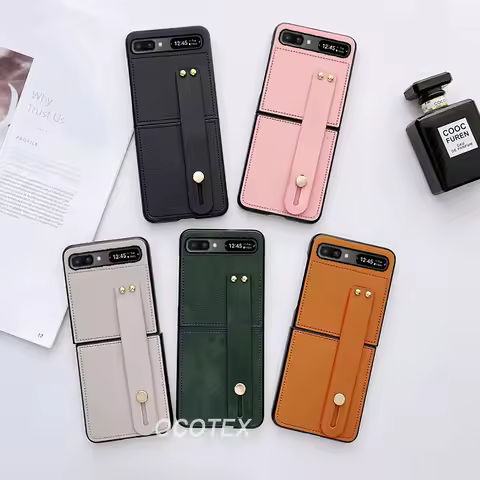 For Samsung Z Flip 1 2 Case Luxury PU Leather Wrist Strap Holder Shockproof Phone Cover For Samsung 