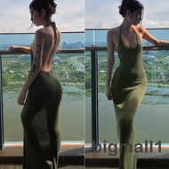 (bimall1)-Women Sleeveless Halter Neck Dress, Solid Color Backless Tie-Up Bodycon One-Piece, Low-Cut