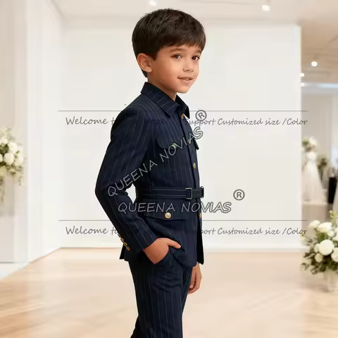 Classic Stripes Boy's Suit Attire Safari Style Jacket Pants 2 Piece Sets Customized Single Breasted 