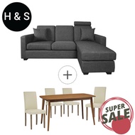 Bundle Special. Fabric L Shape Sofa with Solid Wood Dining Set Bundle Sale by HS. 3 Seater Sofa