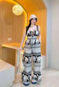 SET-74 ชุดเซ็ตขายาว เกาะอก สายลูกไม้ ชุดเซท ลายช้าง ผู้หญิง Lady เสื้อผ้า กางเกง