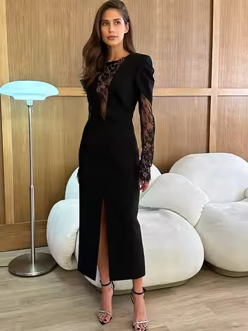 JULISSA MO Patchwork Lace See Through Slit Women Maxi Dress Long Sleeve Deep V-neck Dress Winter New