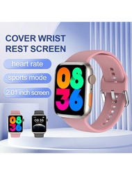 1入組時尚中性款粉色硅膠帶鋅合金框架2.01英寸觸摸屏多功能智能手錶,帶有各種運動模式、心率監測、血壓和氧氣監測功能,並兼容android和ios系統