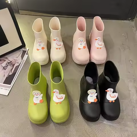 Women's Duck Rain Boots Thick Bottom Outdoor Wear Anti-Slip Cute Cartoon EVA Ankle High Fashion Ugly