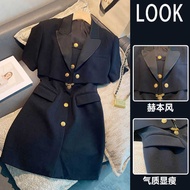 outfit set women blazer woman Fashion Age-reducing 2023 Summer New Suit Collar Short Coat Black Elegant Slim Sling dress Two-piece Suit