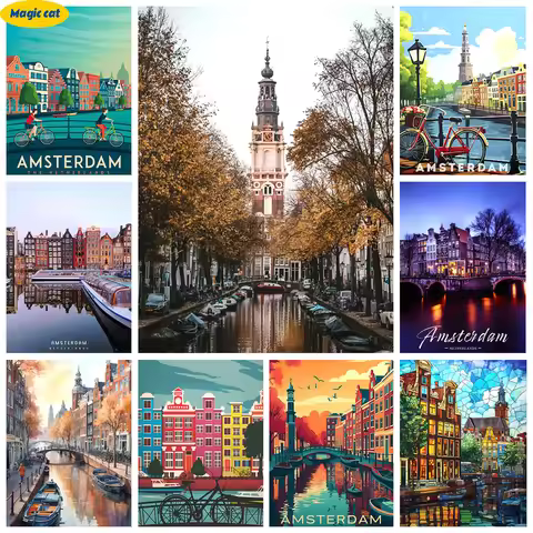 Amsterdam Netherlands 5D Diamond Painting City Sunset Scenery Diamond Cross Stitch Embroidery Handma