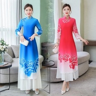 Retro Printed Vietnam Aodai Dress Women Stage Performance Dancing Clothing