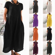 Amazon AliExpress 2024ebay European American Solid Color Retro Loose Cotton Linen Dress Ready Stock 