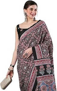Women's Ajrak Block Print Dola Silk Saree With Unstitched Blouse Piece