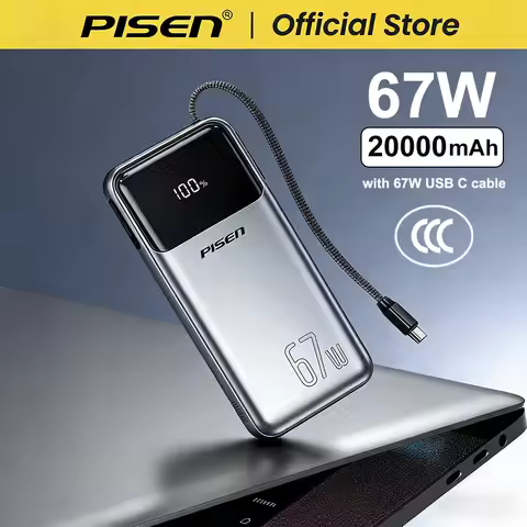 PISEN 20000mAh 67W Power Bank With Fast Charging Cable CCC External Battery For 65W Laptops/ 45W Sam