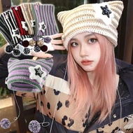 Y2K Cute Star Devil Knitted Beanies Hat with Pompom Ins Style Striped Knitting Wool Hats Autumn Winter Cat Ears Pullover Hats for Women Girls