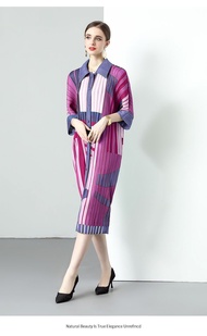 OVA VOGUE❤พิมพ์พิเศษ❤ชุดผู้หญิงแบบจับจีบ Miyake แขนค้างคาวระดับไฮเอนด์สำหรับผู้หญิงชุดเดรสยาวคอปกแบบ