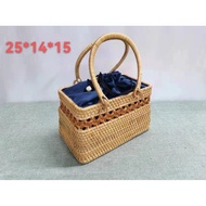 Rattan Variety Storage Basket Hand-Woven Handbag Picnic Blue Tea Set Storage Blue Casual Beach Bag