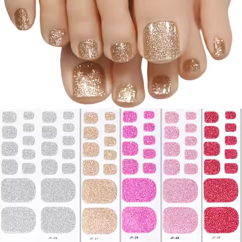 22 tips Gold Glitter Nail Stickers for Feet, 5 Colors 11 Sizes Full Cover Foot Art Stickers Easy Ach