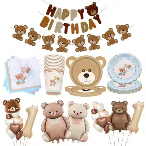 Brown Teddy Bear Disposable Tableware Teddy Bear Party Napkins Plates Cups Kids Teddy Bear Birthday 