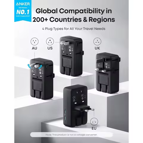 Anker Nano A9215 Travel Adapter 5-Port Charger 2-Pin AC 2USB-A 2USB-C 20W Fast Charger Smart Temp Co
