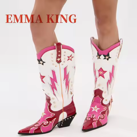 Red Multi Western Cowboy Boots Pointed Toe Block Heel Knee High Boots Female Metallic Star Studs Par