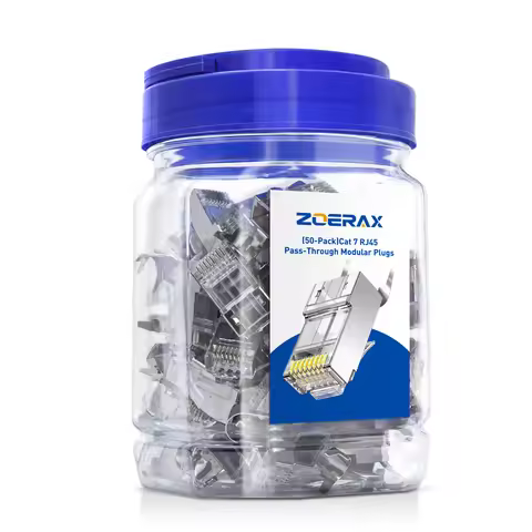 ZOERAX Shielded 50 Pcs RJ45 Cat6A Cat7 Pass Through connectors 3 Prong 8P8C 50U Gold Plated 2-Piece 