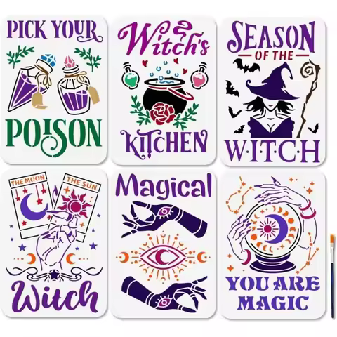 6Pcs A4 Witches' Day Stencils Magic Moon Phase Painting Stencils 11.7×8.3inch with Paint Brush Reusa