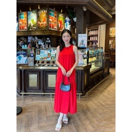 Đầm sát nách maxi màu đỏ / kem vải linen Lovadova GD0601